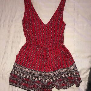 Vibrant Red Patterned V-Neck Romper